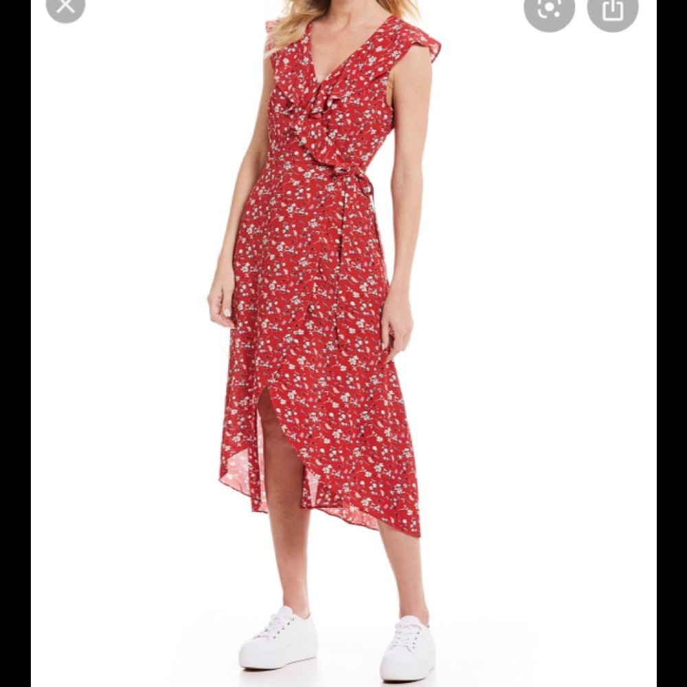 Sanctuary Jolynn Faux Wrap Floral Midi Dress Red